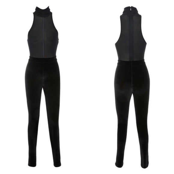 House of CB London Black Velour Mesh Turtle Neck Sleeveless Formal Jumpsuit Sz M - Picture 11 of 11